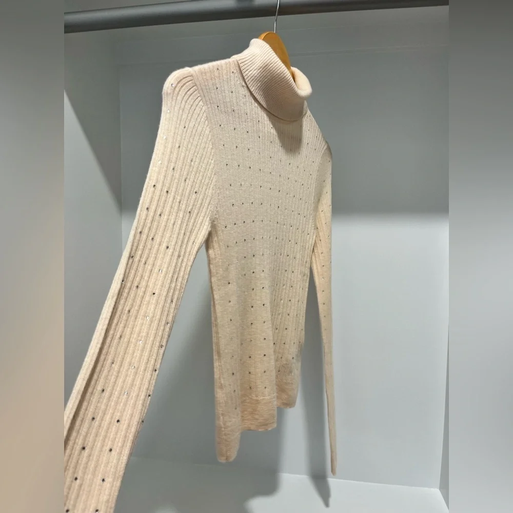 J Crew Featherweight cashmere turtleneck sweater with rhinestones Buttercream S